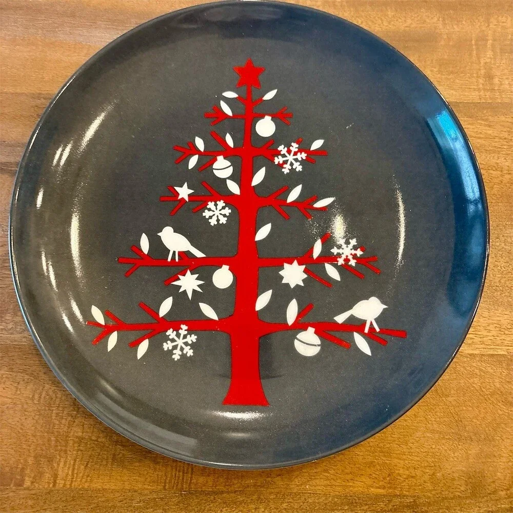 Crate & Barrel Red Tree Holiday Round Platter Chop Plate Gray 13.5in